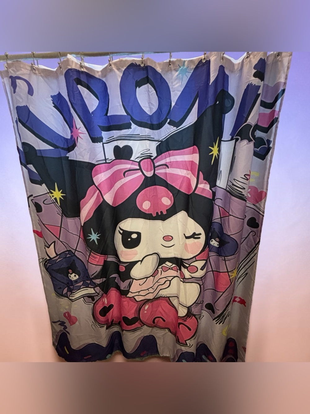 Sanrio Kuromi Shower Curtain Pink Bow Hearts Black Jester Hat Hearts Bathroom